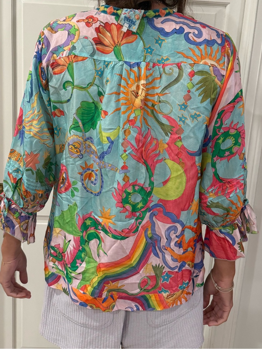 Johnny Was Multicolor Sun & Floral Print Button Blouse — Sky Blue Base - Picture 3 of 4